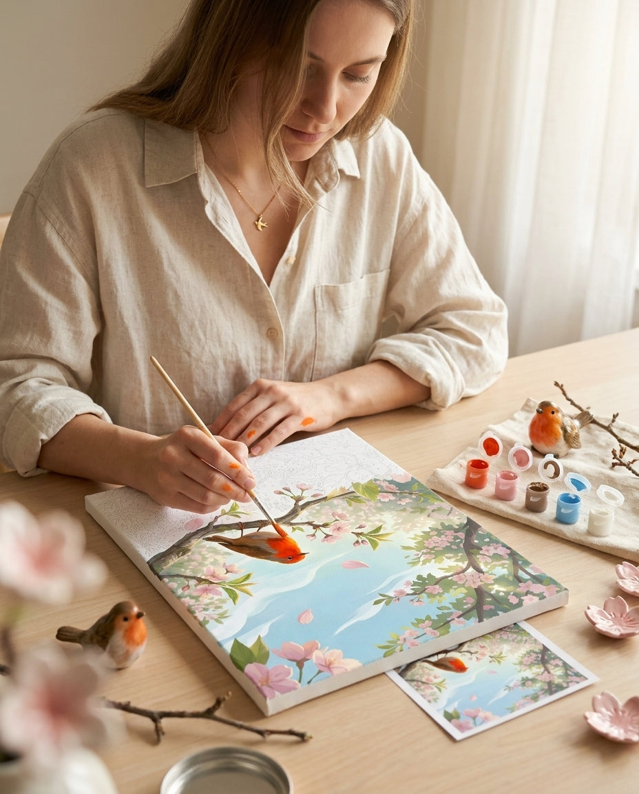 Personne qui peint une Peinture Numeros Rouge Gorge Fleurs de Cerisier