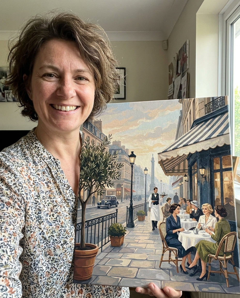 Personne qui peint une Peinture Numeros Terrasse Parisienne Vintage