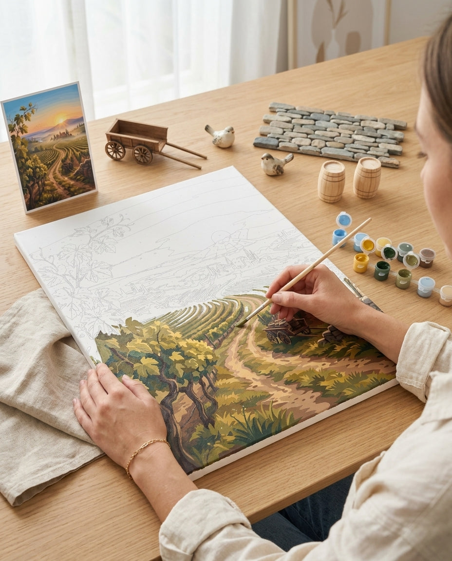 Personne qui peint une Peinture Numeros Vignoble Gascogne à l’Aube