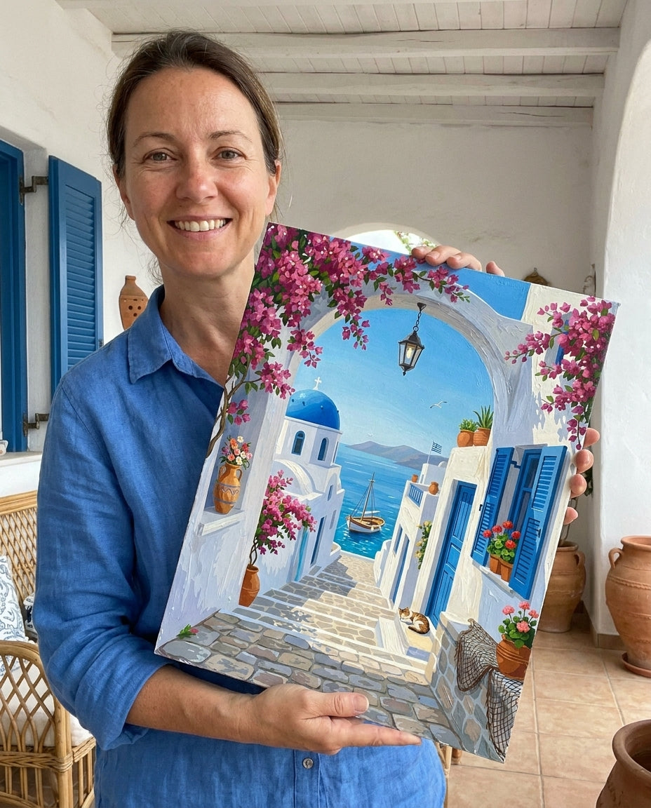 Personne qui peint une Peinture Numeros Village Grec Méditerranéen
