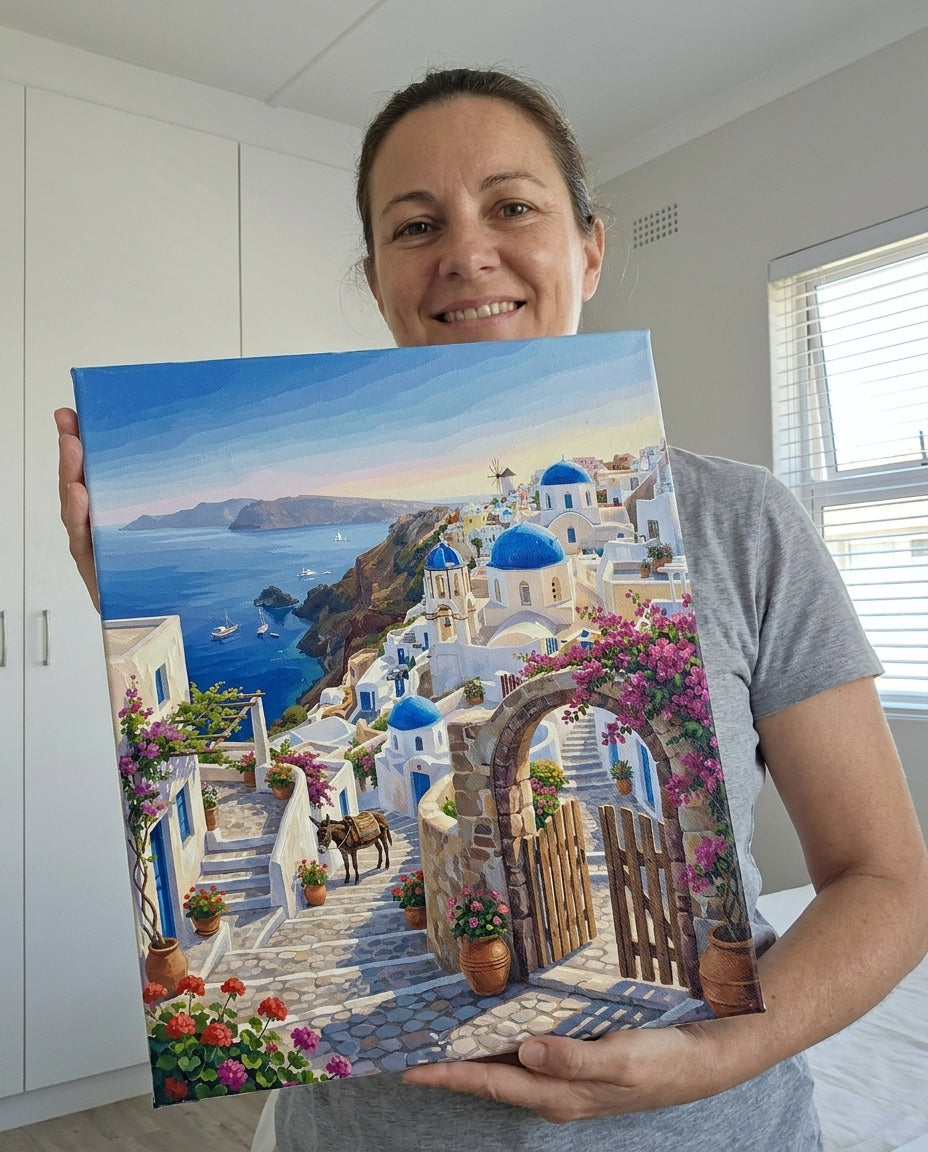 Personne qui peint une Peinture Numeros Village Perché de Santorin